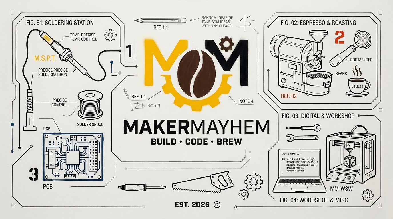 MakerMayhem blueprint-style banner with the M-coffee-bean-gear logo, surrounded by hand-drawn schematics of a soldering station, espresso roaster and portafilter, a PCB, a 3D printer and laptop, and workshop tools. Build, Code, Brew. Est. 2026.