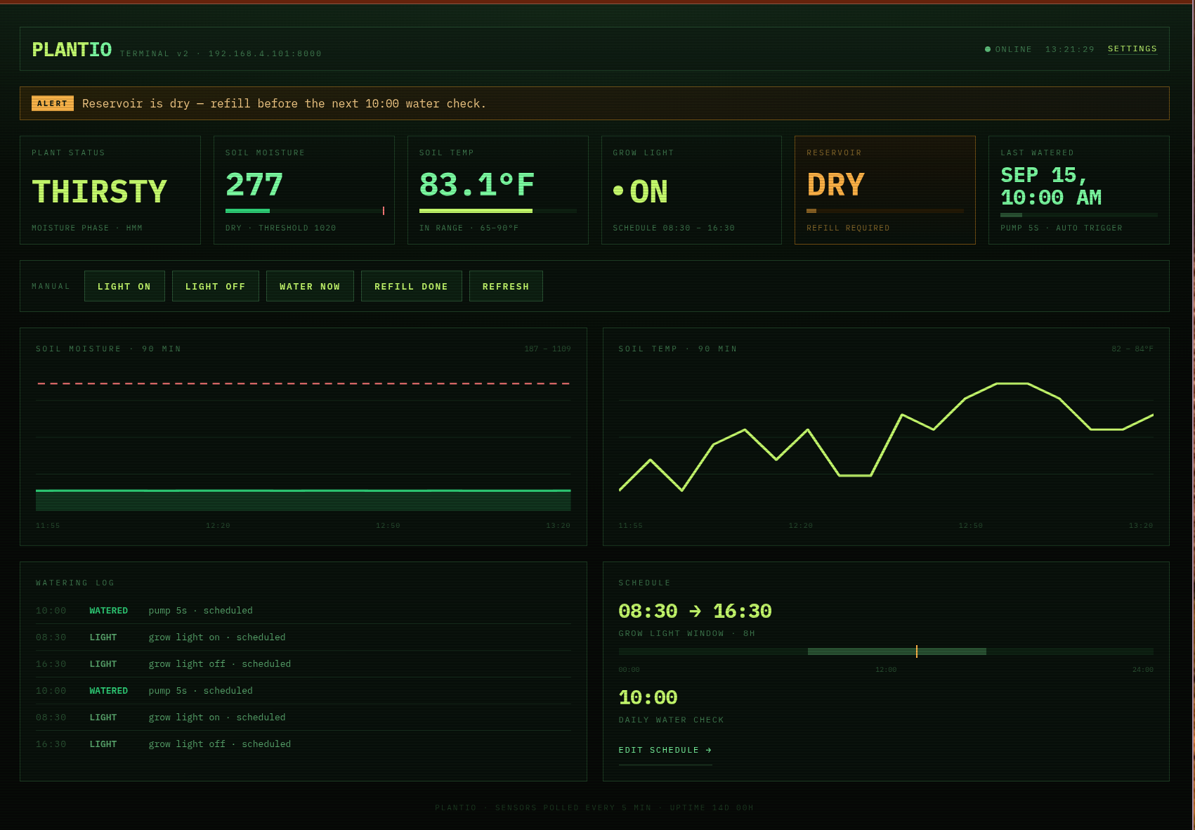 The Plantio web dashboard showing plant status, soil moisture, soil temperature, grow light state, reservoir level, and a watering log