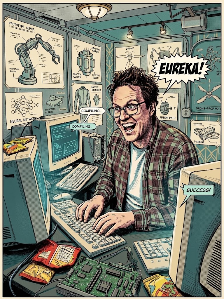 Pencil drawing of the founder at a desk of old computers, mid-build